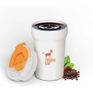 CHEERFUL GOAT Ceramic Lined Coffee Travel Mug – Stainless 11.8 Ounces, White